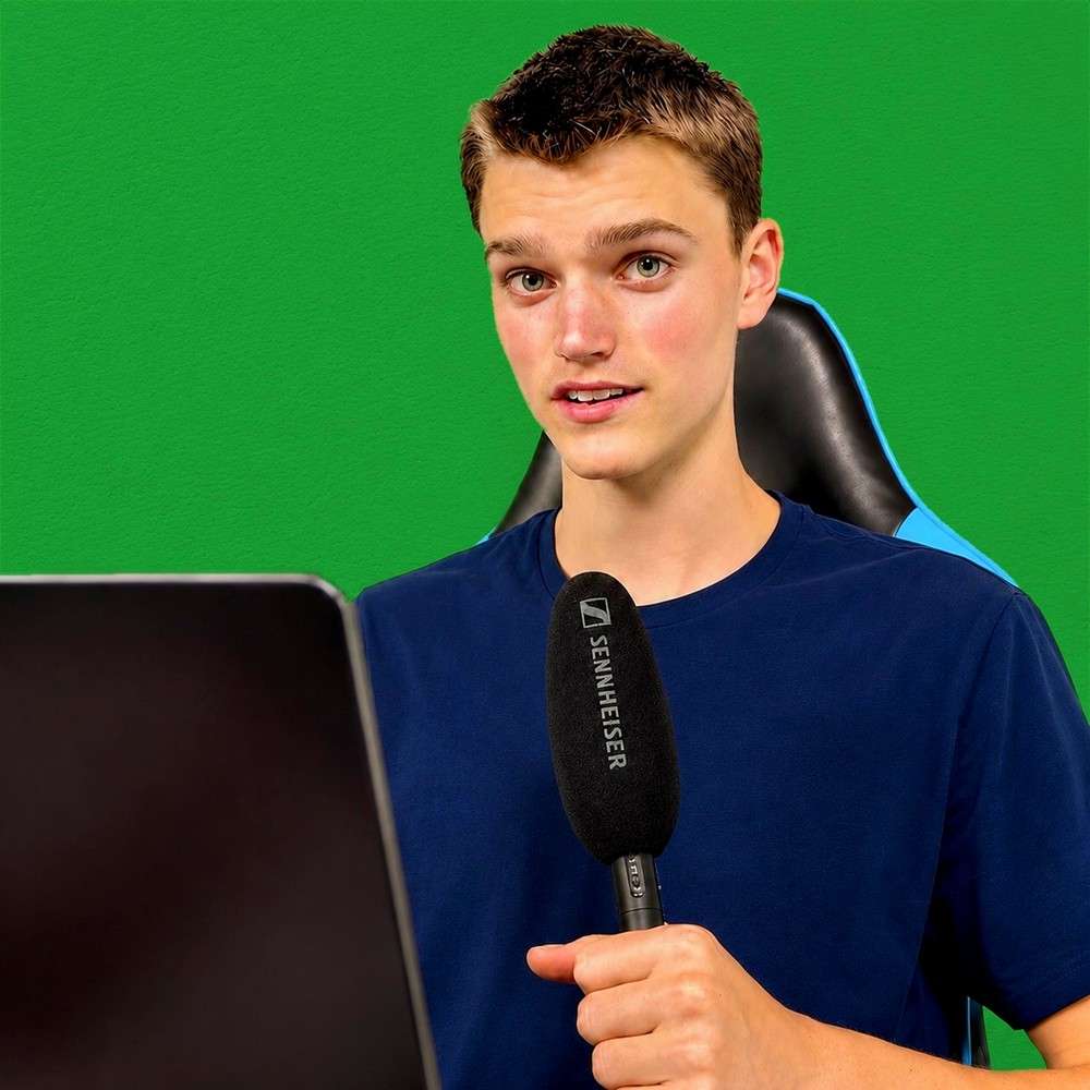 Silas Edel in front of a green screen, holding a microphone
